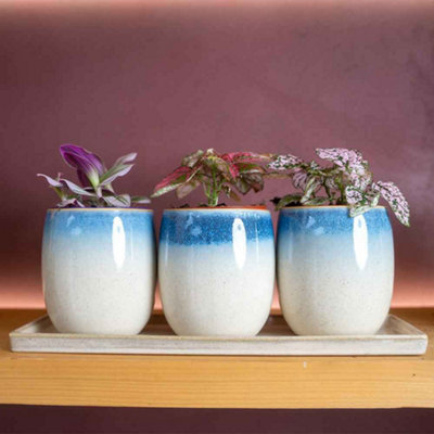 Set of 3 Blue and Cream Reactive Glaze Ceramic Planters with Tray