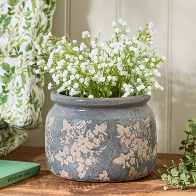 Set of 3 Blue Ceramic Plant Pot Jug Vase Flower Pot Planters