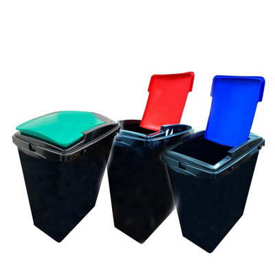 Set of 3 - Blue Green & Red Lid 40 Litre Black Plastic Recycling Bins With Colour Coded Swing Lids