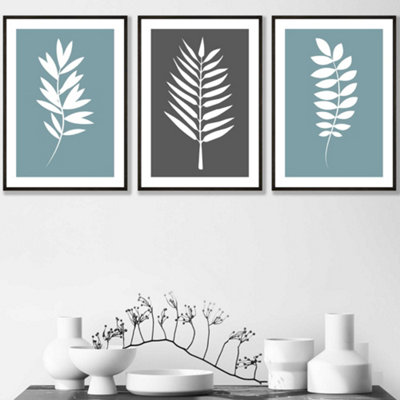 SET OF 3 BLUE GREY GRAPHICAL LEAVES WALL ART PRINTS / 30X42CM (A3 ...
