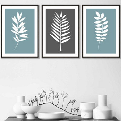 Set of 3 Blue Grey Graphical Leaves Wall Art Prints / 30x42cm (A3) / Black Frame