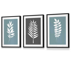 Set of 3 Blue Grey Graphical Leaves Wall Art Prints / 30x42cm (A3) / Black Frame