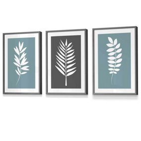Set of 3 Blue Grey Graphical Leaves Wall Art Prints / 30x42cm (A3) / Dark Grey Frame