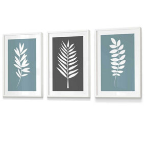 Set of 3 Blue Grey Graphical Leaves Wall Art Prints / 30x42cm (A3) / White Frame