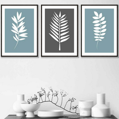 Set of 3 Blue Grey Graphical Leaves Wall Art Prints / 42x59cm (A2 ...