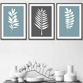 Set of 3 Blue Grey Graphical Leaves Wall Art Prints / 42x59cm (A2) / Black Frame