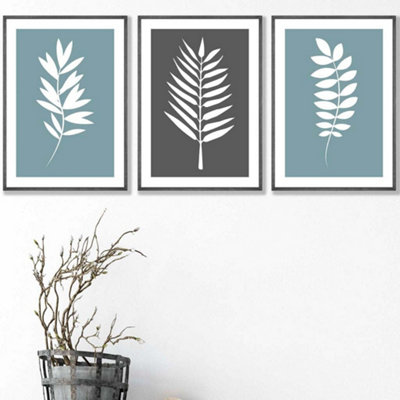 Set of 3 Blue Grey Graphical Leaves Wall Art Prints / 42x59cm (A2) / Dark Grey Frame