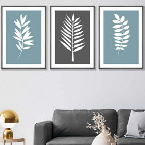 Set of 3 Blue Grey Graphical Leaves Wall Art Prints / 50x70cm / Dark Grey Frame