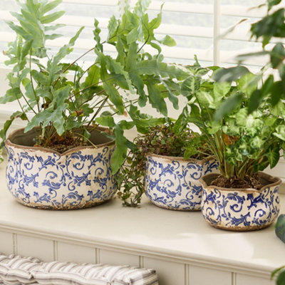 Set of 3 Blue Round Scallop Hallway Room Table Decor Indoor