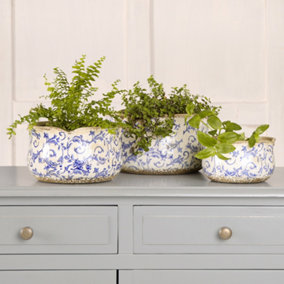 Set of 3 Blue Round Scallop Hallway Room Table Decor Indoor Outdoor Garden Planter Flower Pots