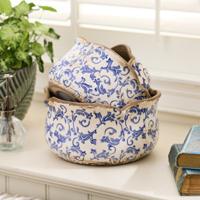 Set of 3 Blue Round Scallop Hallway Room Table Decor Indoor