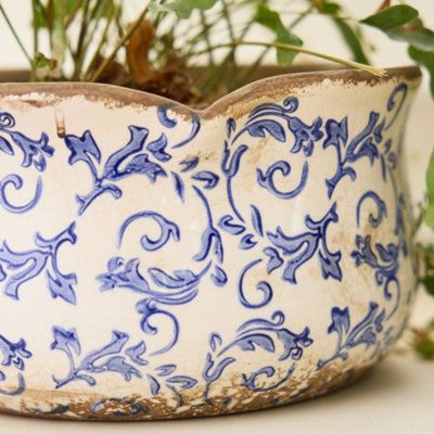  ブルーフラワー カーブ ソース ボート&スタンド Set of 3 Blue Round Scallop Hallway Room Table Decor Indoor