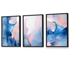 Set of 3 Blush Pink and Navy Blue Abstract Wall Art Prints / 42x59cm (A2) / Black Frame