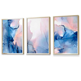 Set of 3 Blush Pink and Navy Blue Abstract Wall Art Prints / 42x59cm (A2) / Gold Frame