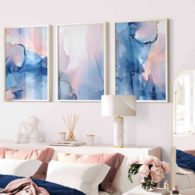 Set of 3 Blush Pink and Navy Blue Abstract Wall Art Prints / 42x59cm ...