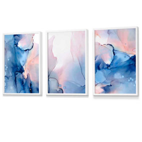 Set of 3 Blush Pink and Navy Blue Abstract Wall Art Prints / 42x59cm (A2) / White Frame