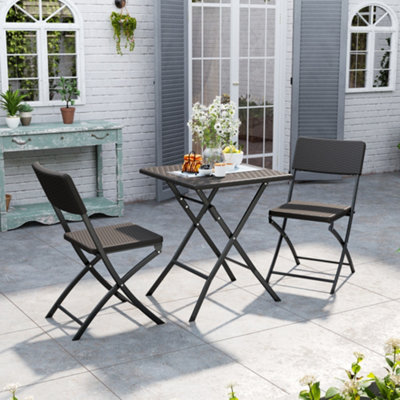 Set of 3 Brown Plastic Ratten Effect Outdoor Folding Portable Square Table and Chairs Set