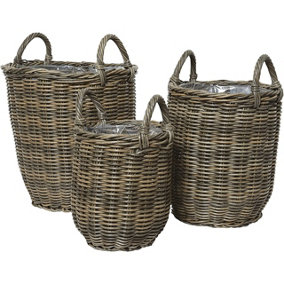 Set of 3 Camille Planters - Lightweight All Weather Frost-Proof Faux Wicker Basket Plant Pots - Measure 24, 39 & 46cm Tall
