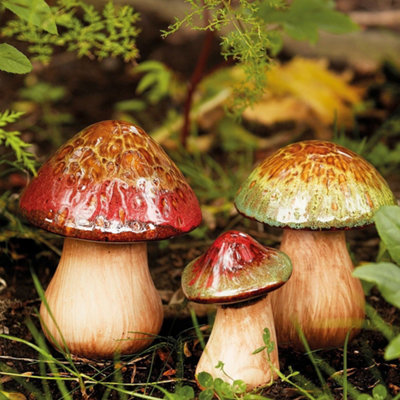 Set of 3 Ceramic Toadstools, Slip Glazed Finish, Weatherproof Garden ...
