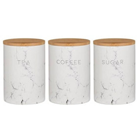 Set of 3 Ceramic White Marble Effect Tea Coffee Sugar Storage Jars