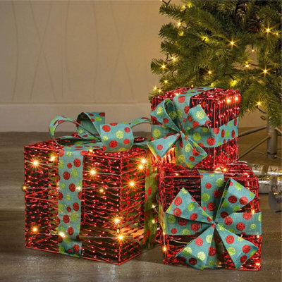 Set of 3 Christmas Gift Boxes, Light-Up LED, Red and Green Ribbon ...