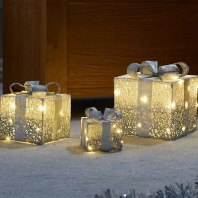 Set of 3 Christmas Gift Boxes with 45 LED Light - Battery Operated Pre-Lit Auto Timer Light Up Festival Accessories