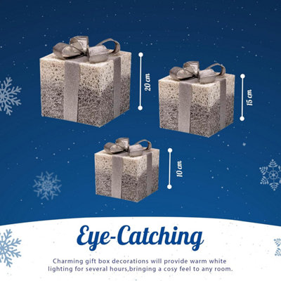 Set of 3 Christmas Gift Boxes with 45 LED Light - Battery Operated Pre-Lit Auto Timer Light Up Festival Accessories