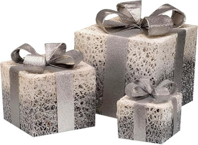 Set of 3 Christmas Gift Boxes with 45 LED Light - Battery Operated Pre-Lit Auto Timer Light Up Festival Accessories - 3