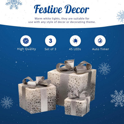 Set of 3 Christmas Gift Boxes with 45 LED Light - Battery Operated Pre-Lit Auto Timer Light Up Festival Accessories - 4