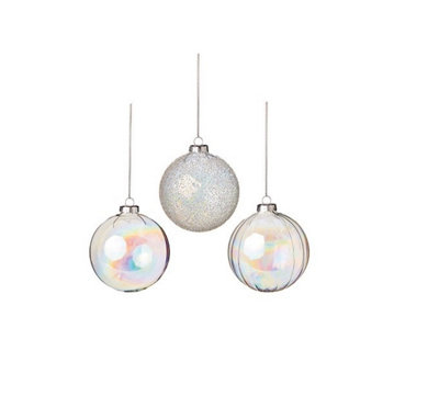 Set of 3 Clear Baubles with Iridescence Finish Christmas Tree Decorations 80mm