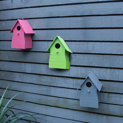 Set of 3 Colourful Wooden Bird Houses - Wall Fence Mountable or Hanging Outdoor Garden Wild Bird Nesting Box with 30mm Hole