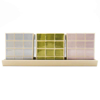 Set of 3 Cool Pastel Tile Design Ceramic Planters with Tray