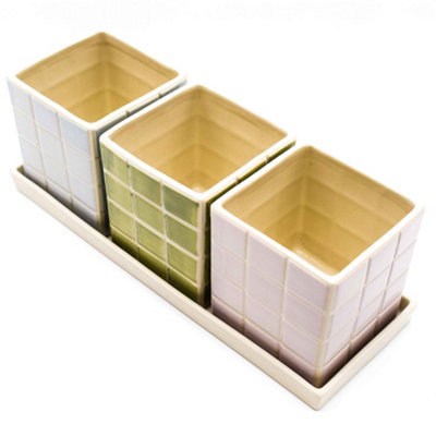 Set of 3 Cool Pastel Tile Design Ceramic Planters with Tray