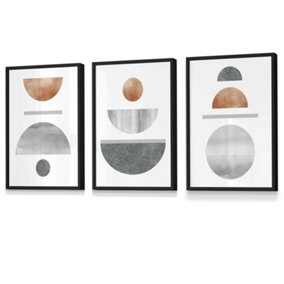 Set of 3 Copper and Grey Abstract Mid Century Geometric Wall Art Prints / 30x42cm (A3) / Black Frame