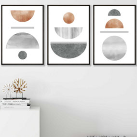 Set of 3 Copper and Grey Abstract Mid Century Geometric Wall Art Prints / 42x59cm (A2) / Black Frame