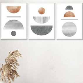 Set of 3 Copper and Grey Abstract Mid Century Geometric Wall Art Prints / 42x59cm (A2) / White Frame