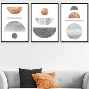 Set of 3 Copper and Grey Abstract Mid Century Geometric Wall Art Prints / 50x70cm / Black Frame
