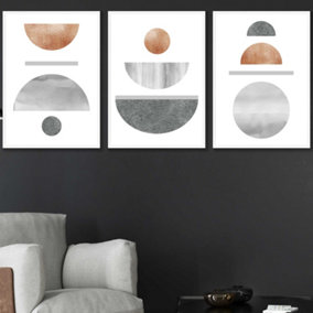 Set of 3 Copper and Grey Abstract Mid Century Geometric Wall Art Prints / 50x70cm / White Frame