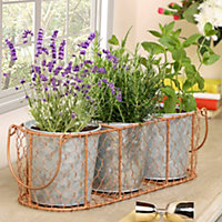 Set of 3 Copper and Zinc Indoor Outdoor Summer Garden Planter Pots with Wire Basket