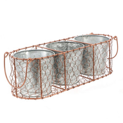 Set of 3 Copper and Zinc Indoor Outdoor Summer Garden Planter Pots with Wire Basket