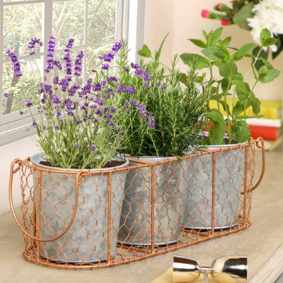 Set of 3 Copper and Zinc Indoor Summer Garden Planter Pots with Wire Basket