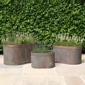 Set of 3 Copper - Grey Oval Iron Indoor Outdoor Garden Planters