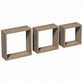 Set of 3 Cube Shaped Floating Wall Mount Shelves Display Shelving - Finish Oak Sonoma