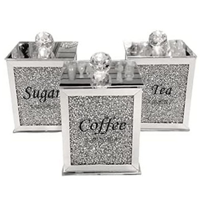 Set Of Diamond Crushed Tea Coffee Sugar Canisters Square Jars