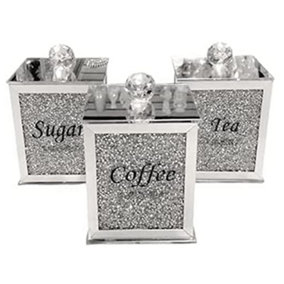 Set Of 3 Diamond Crushed Tea Coffee Sugar Canisters Square Jars