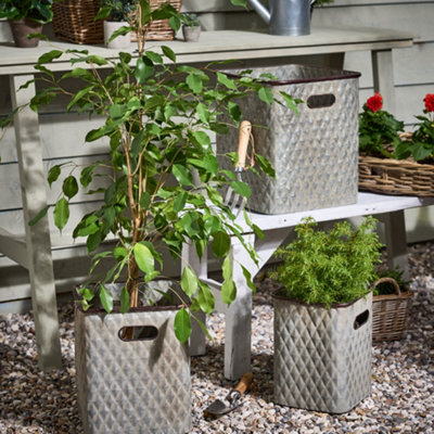 Set of 3 Diamond Embossed Flower Plant Pots Outdoor Garden Planters (W) 38cm, (H)34cm