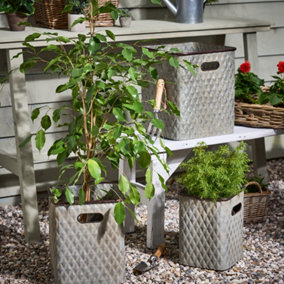 Set of 3 Diamond Embossed Flower Plant Pots Outdoor Garden Planters