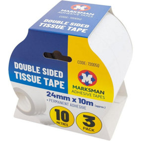 Set Of 3 Double Sided Tissue Tape Adhesive Sticky Strong Craft 24Mm X 10M