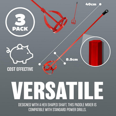 Set Of 3 Drill Paint Pot Plaster Mixer Stirrer Heavy Duty Professional Paddle Whisk Tool Hex Shank 400mm X 85mm - 7