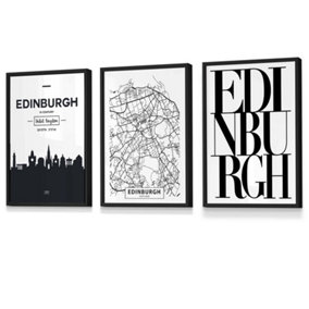 Set of 3 EDINBURGH Skyline Street Map City Prints Wall Art Prints / 30x42cm (A3) / Black Frame